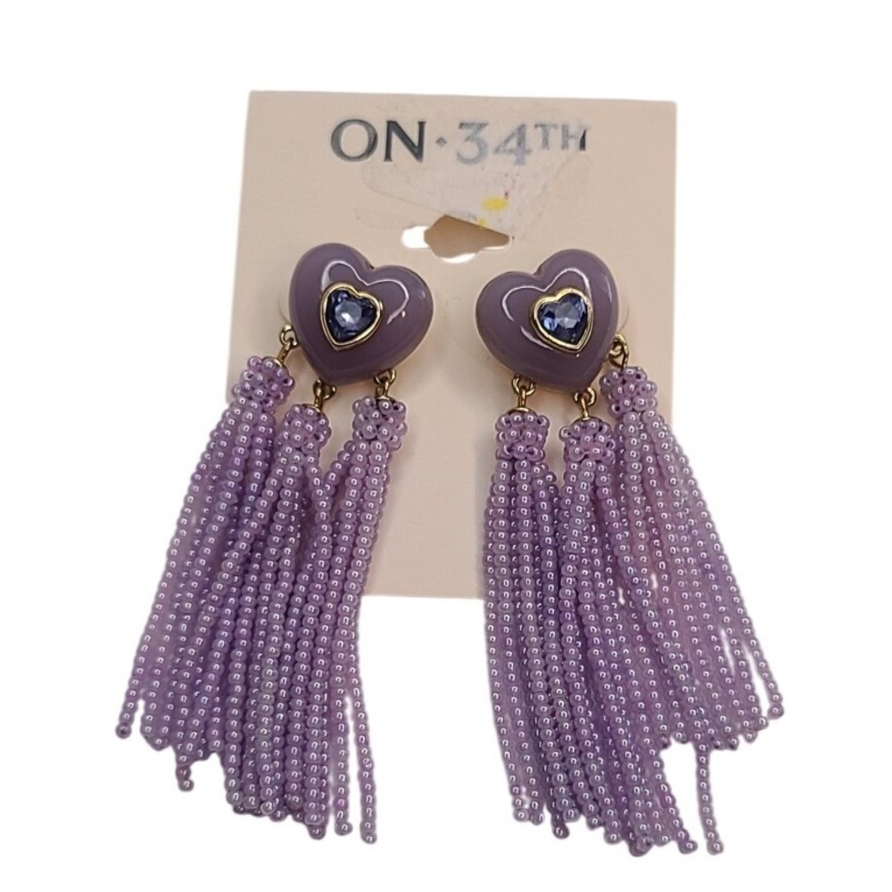 ON 34TH Lavender Heart‎ Rhinestone Tassel Earrings Dangle Beaded Statement